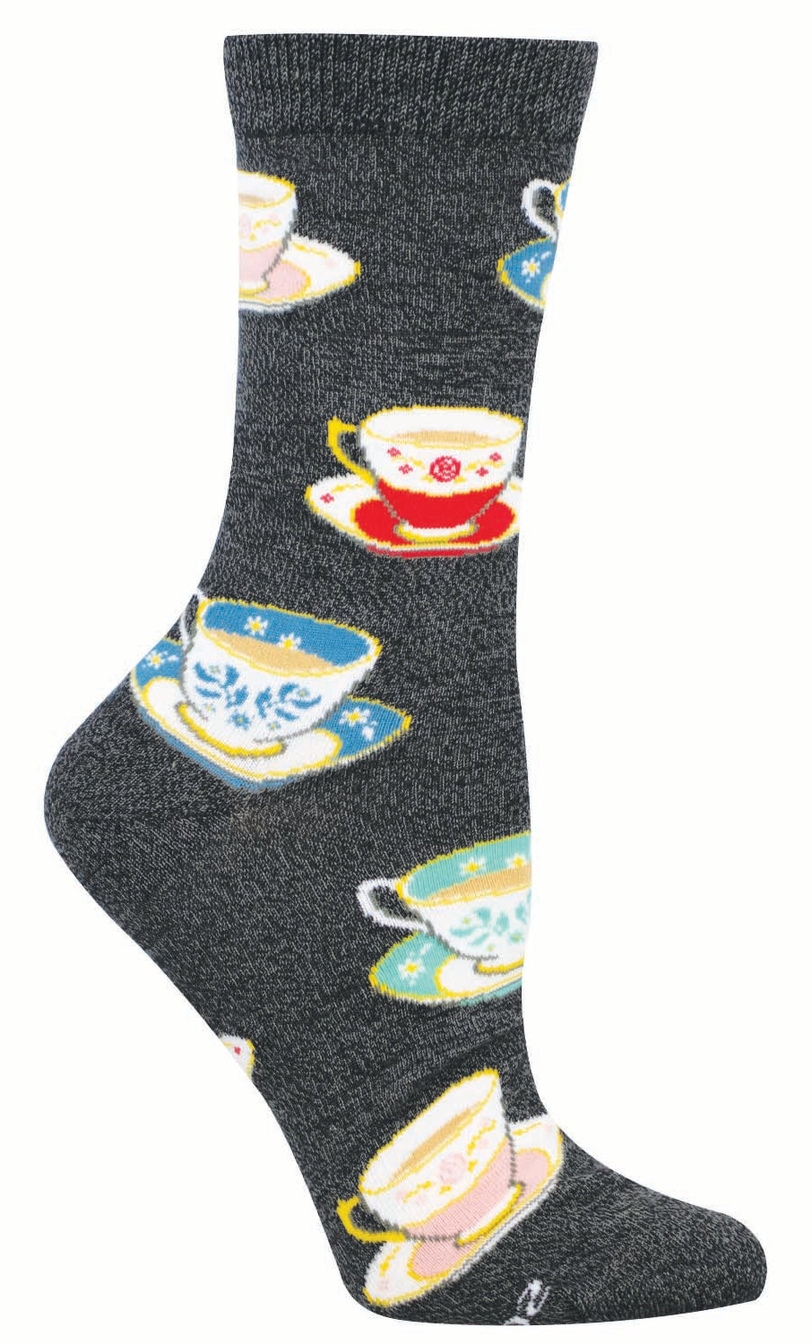 Charcoal socks with tea cup design on a white background