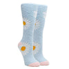 Two leg forms wear fuzzy light blue socks with pink heel and toe featuring large white daisies throughout