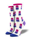 a pair of white socks with a blue toe, purple heel and pink cuff and a motif of pink, purple and blue popsicles representing the bisexual pride flag