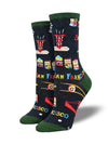 charcoal grey and green socks on leg forms featuring text that reads SAN FRANCISCO in many different colors and various san francisco icons like sutro tower, the painted ladies, sushi, and the golden gate bridge