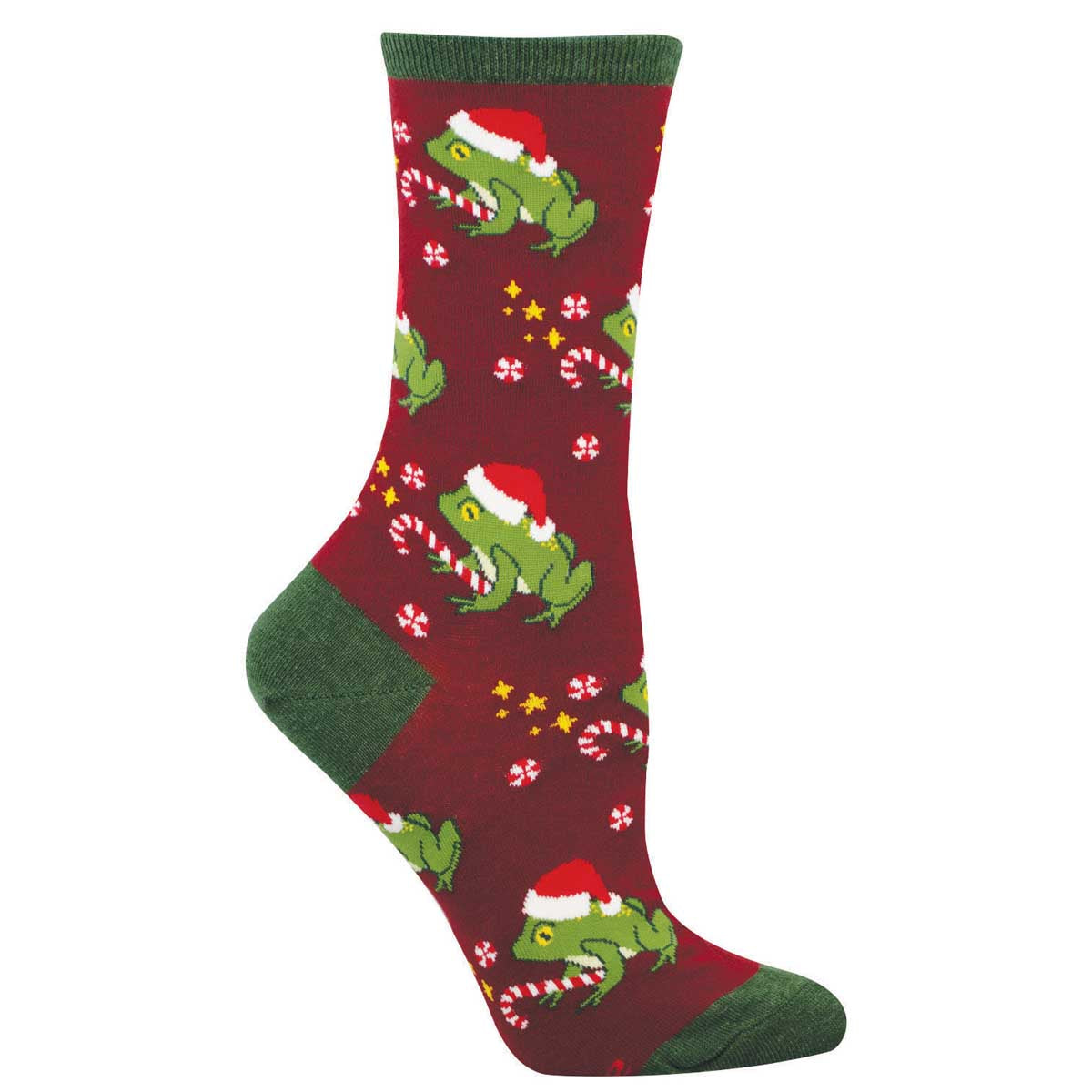 Burgundy sock with green trim featuring frogs in Santa hats with candy canes and peppermints