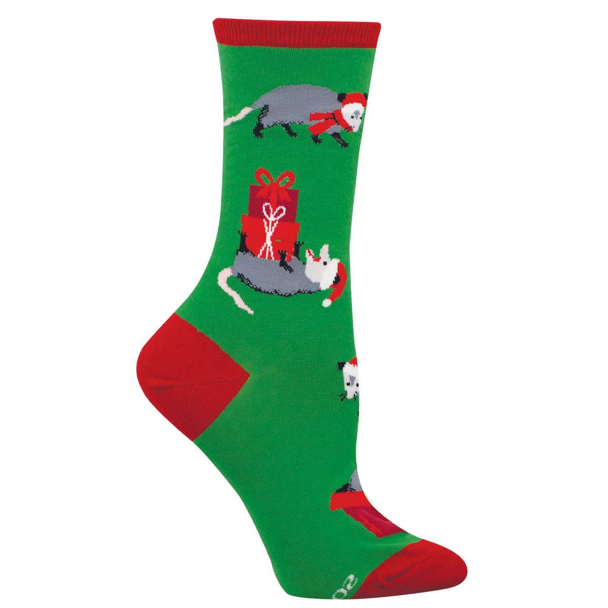 Green socks with red trim featuring possums in Santa hats with presents