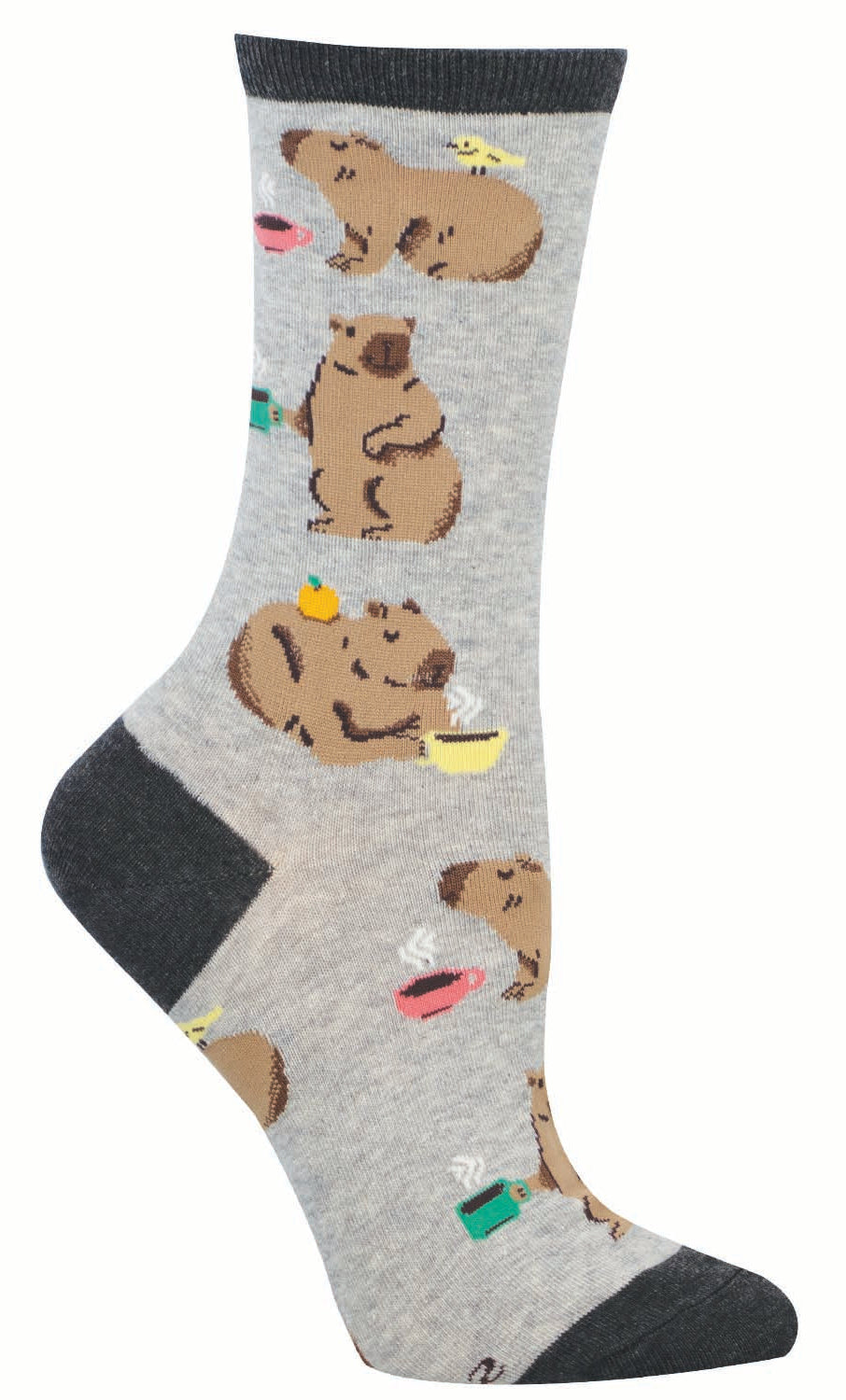 Gray sock featuring capybaras with coffee cups, birds & oranges
