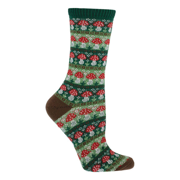 Green sock with red mushroom pattern on a white background