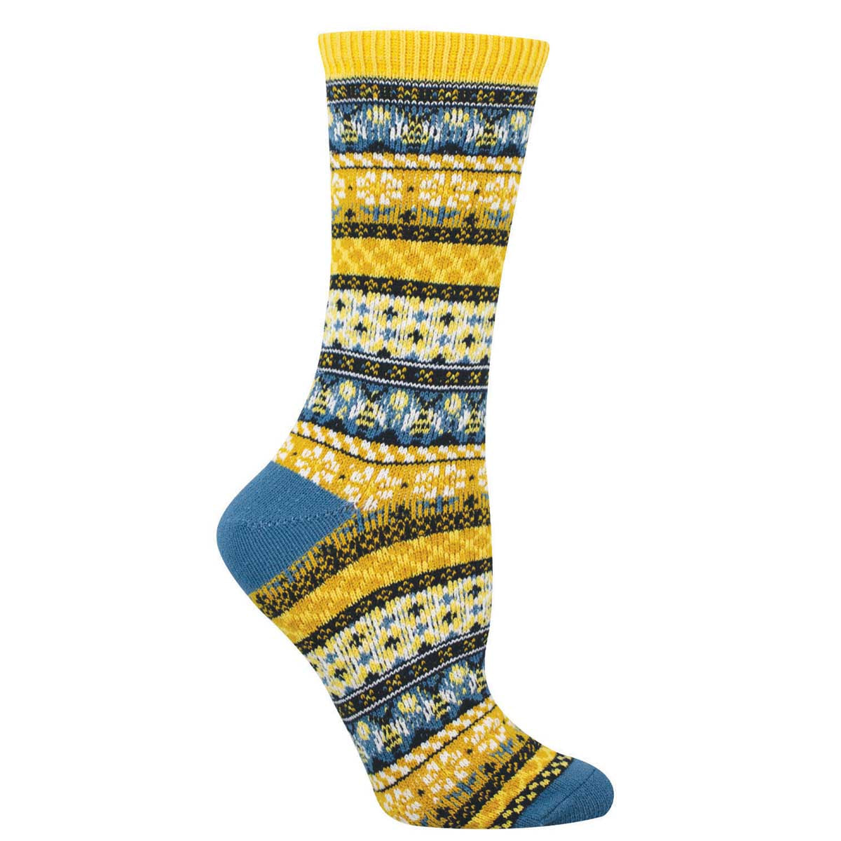 Foot form wears a yellow and blue sock with bees and geometric flower patterns.
