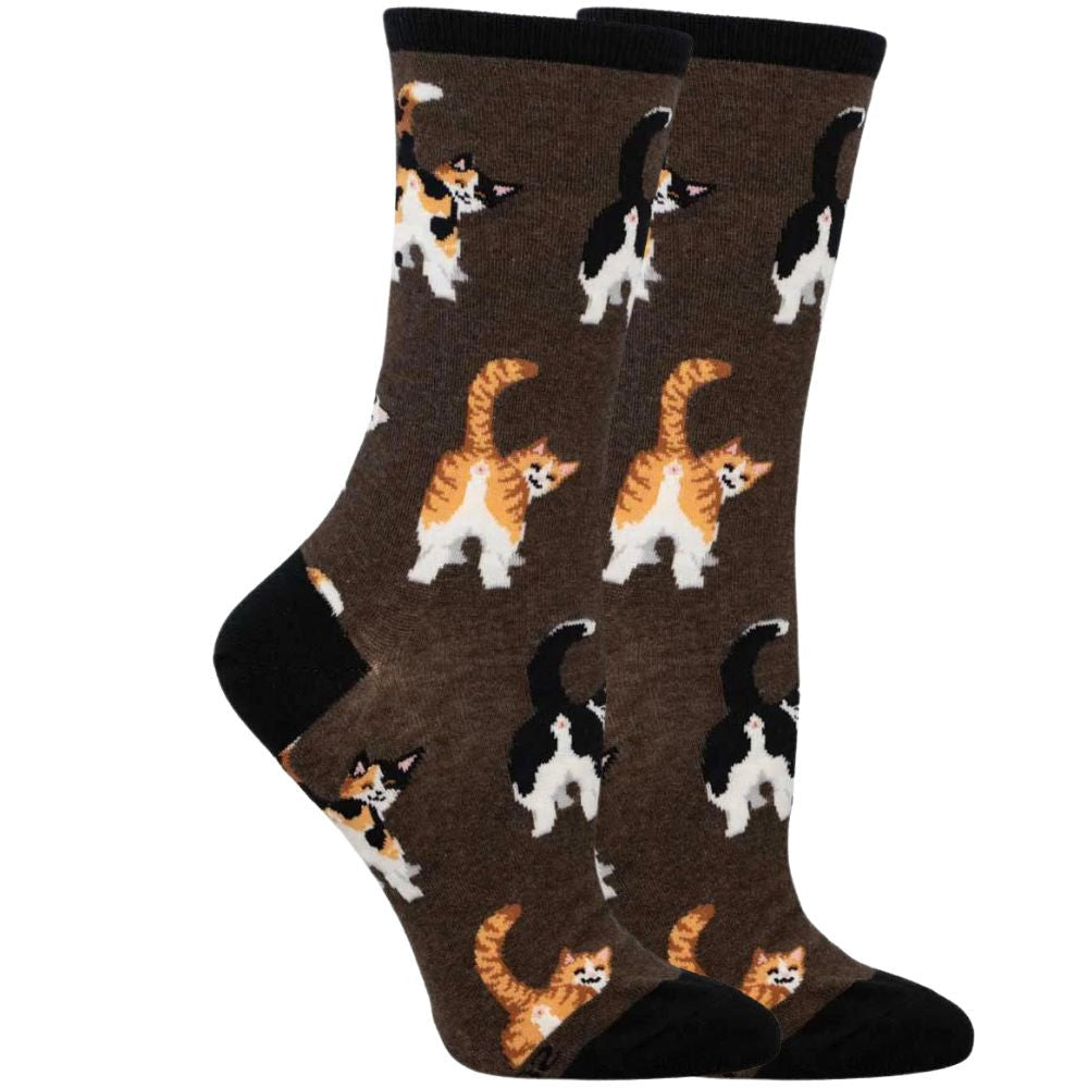 Brown socks featuring cats showing off their butts on a white background