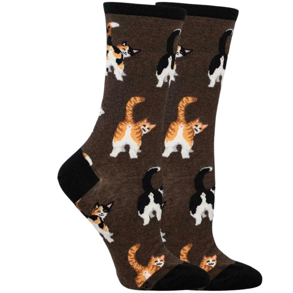 Brown socks featuring cats showing off their butts on a white background