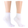 Two white ankle socks on foot forms, one with a lettuce edge and one with a crew top.