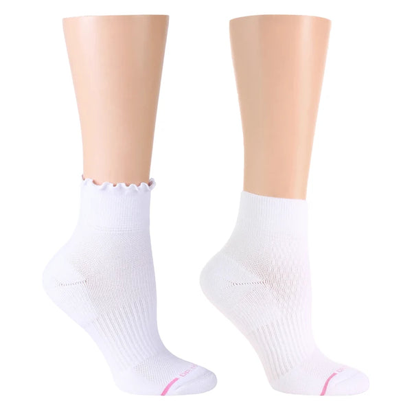 Two white ankle socks on foot forms, one with a lettuce edge and one with a crew top.