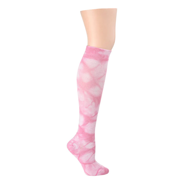 a pink and white tie dye knee high sock on a plastic leg form