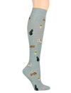 light sage green heather socks featuring small cats in various colors and little potted plants