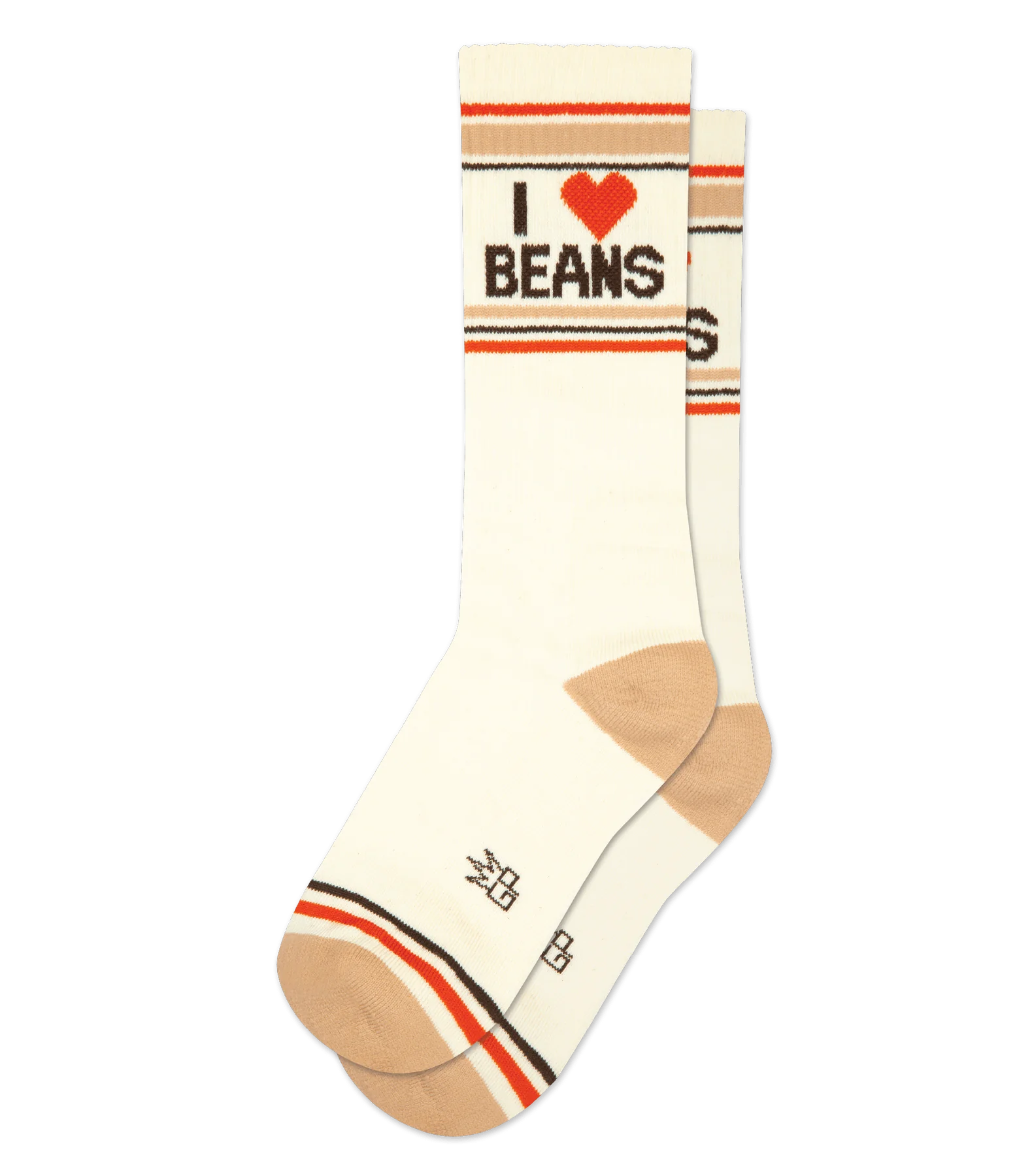 In flatlay, pair of cream crew socks with tan heel & toe; brown, tan & orange stripe patterns; and brown text that reads 