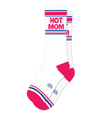 white athletic style socks with a hot pink toe and heel that say HOT MOM near the cuff along with some blue and pink stripes