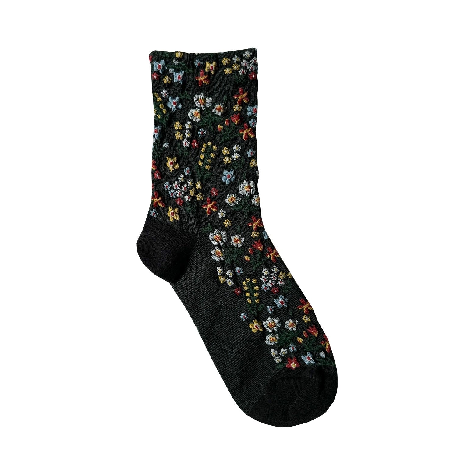 Grey sock with colorful floral pattern on a white background