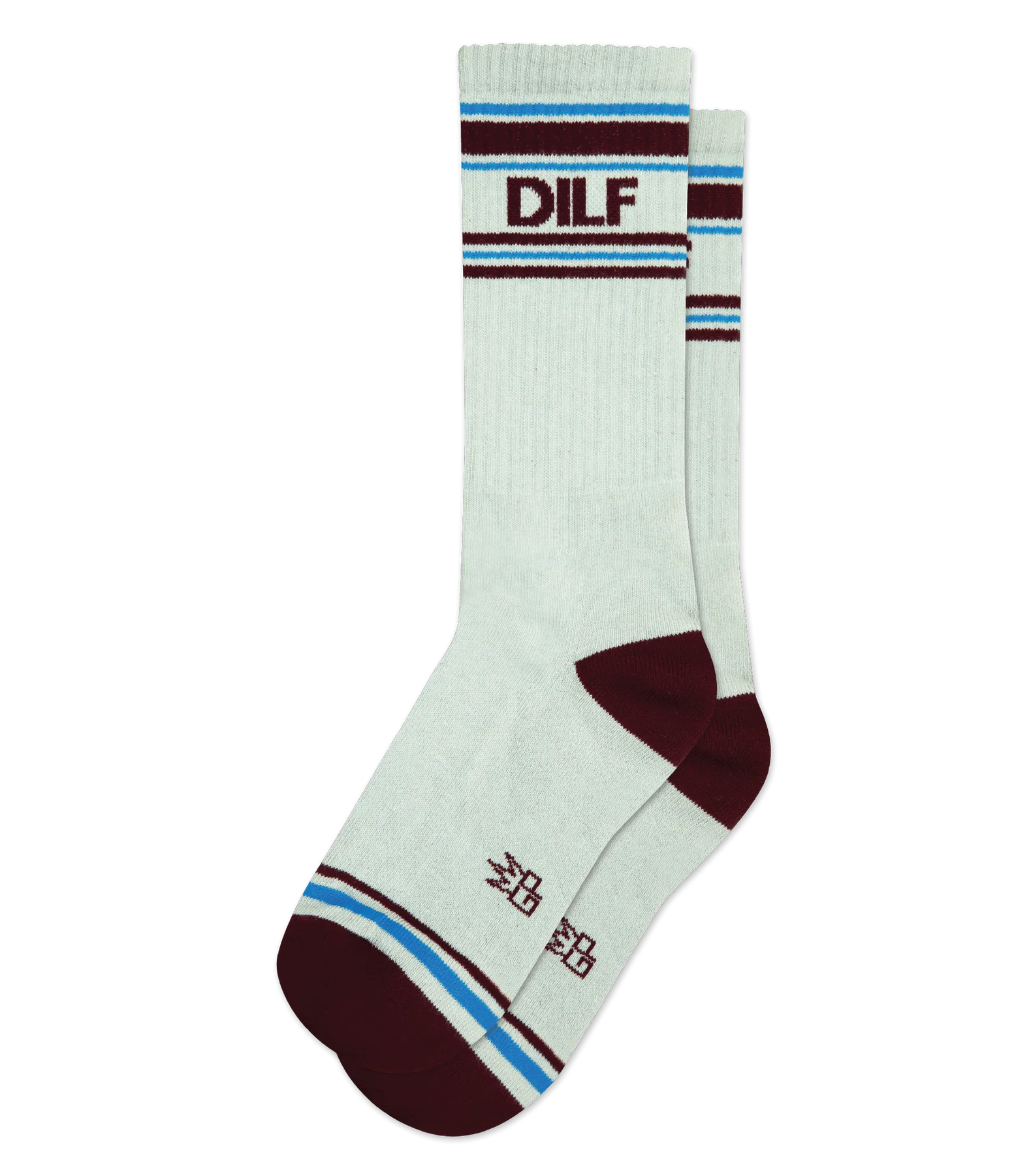 A pair of light gray socks sits in flatlay. They have maroon heels and toes, maroon & light blue stripe patterns at the toe and and ankle, and maroon text that reads 