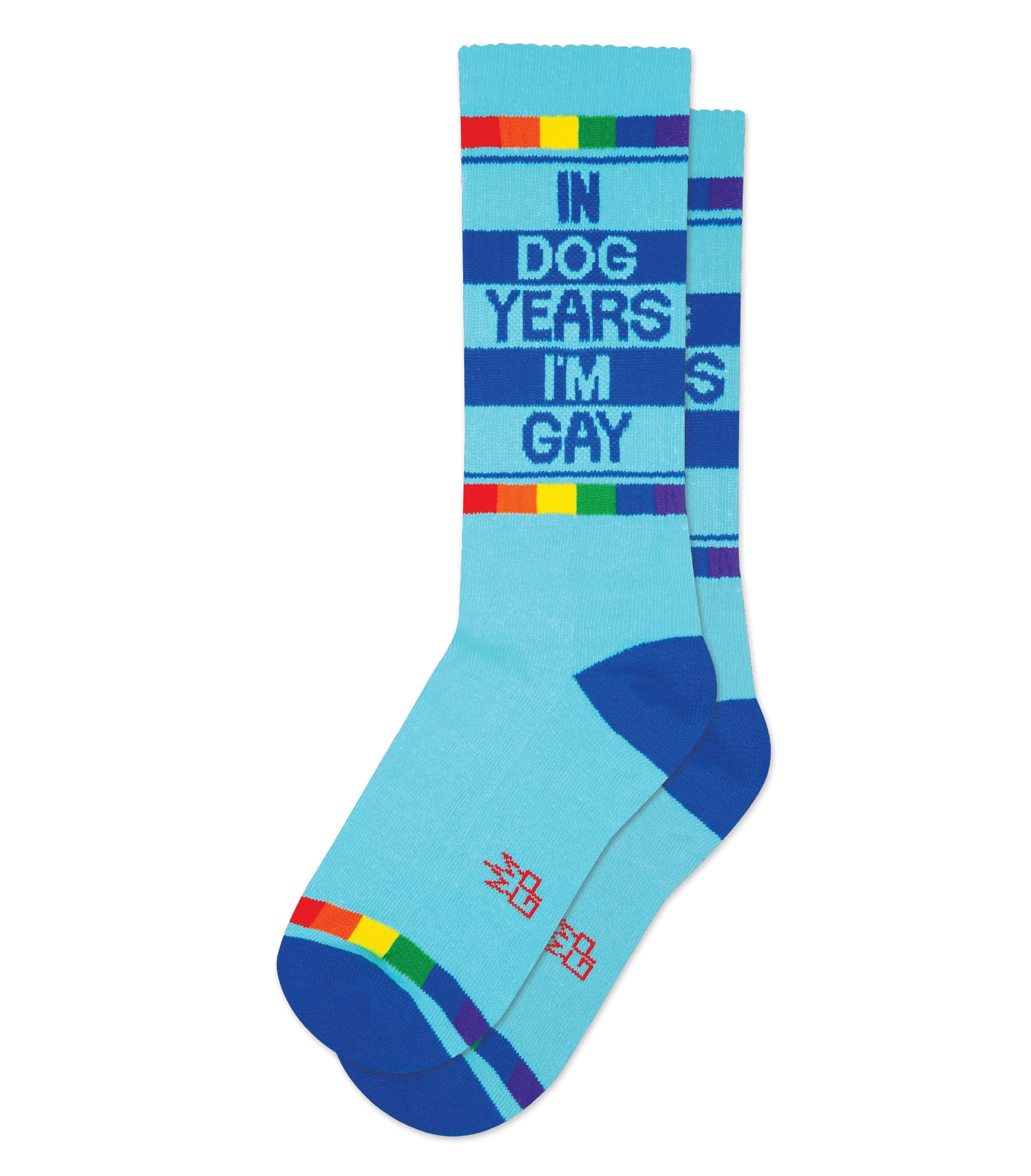 Blue socks featuring dark blue and rainbow stripes, with text reading 