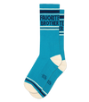 Blue socks with 'Favorite Brother' text on a white background