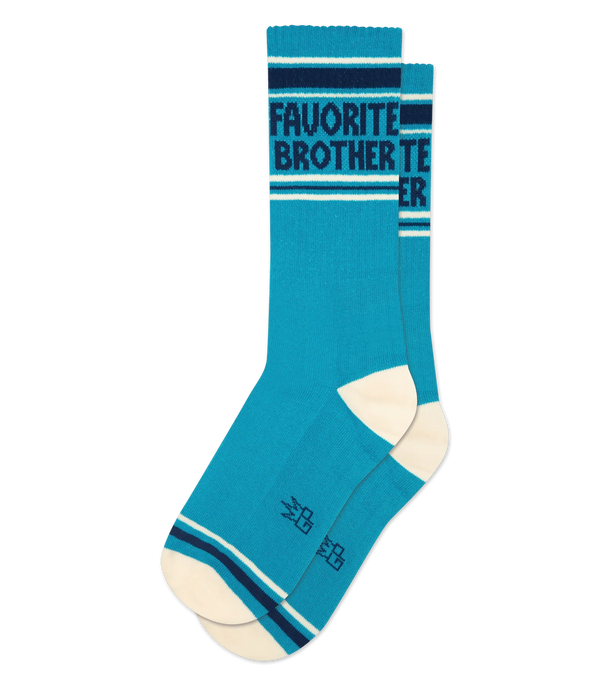 Blue socks with 'Favorite Brother' text on a white background
