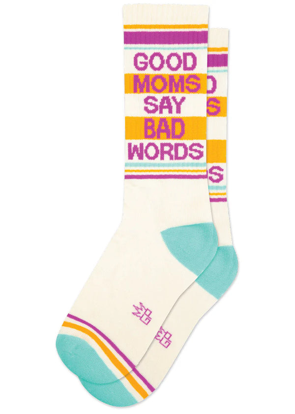 Cream socks with pink, orange and teal accents & text that reads "GOOD MOMS SAY BAD WORDS"