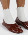 Model wears white ankle socks with a lettuce edge and brown loafers