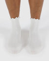 Model wears white ankle socks with a lettuce edge