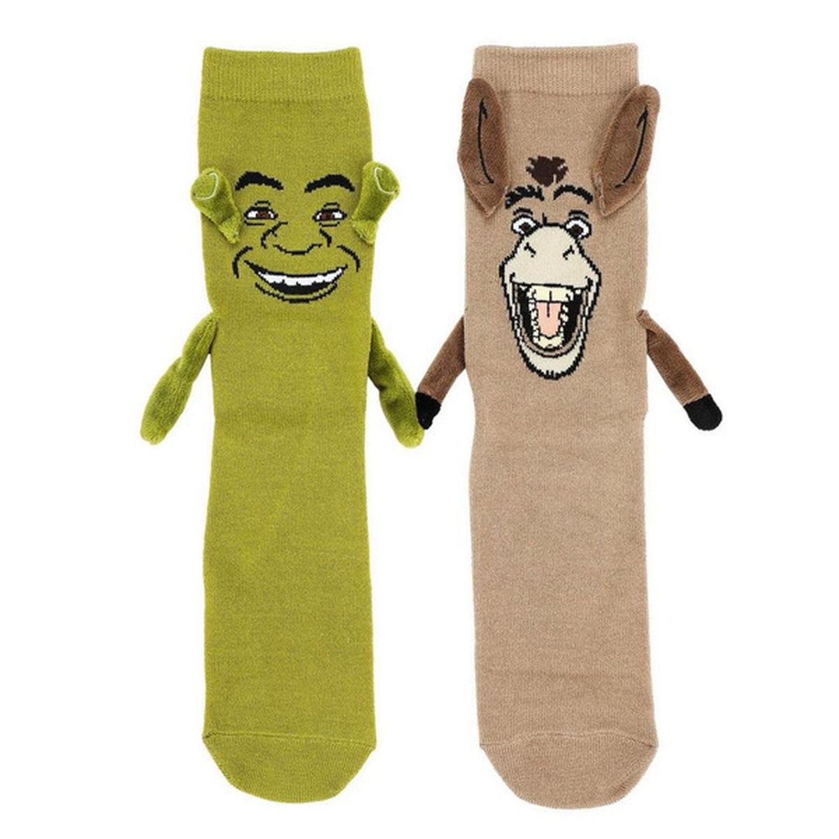 A pair of socks, one that looks like Shrek and one that looks like Donkey, with 3D arms and magnetic hands