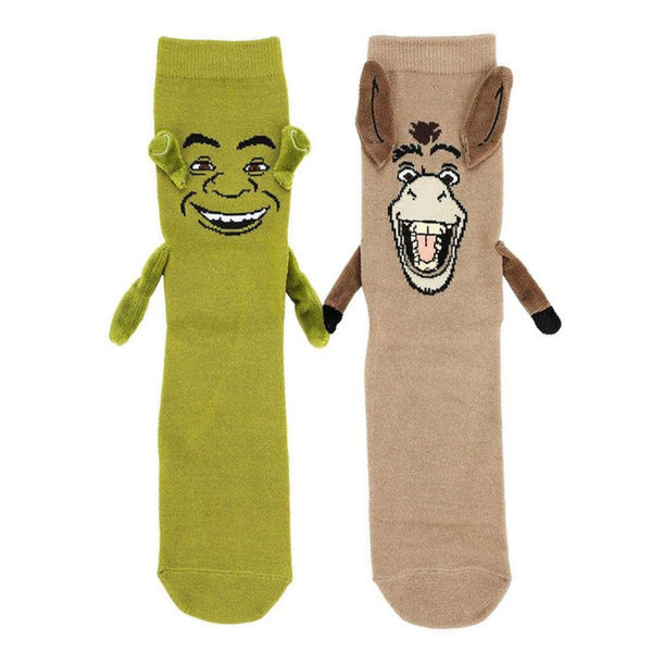 A pair of socks, one that looks like Shrek and one that looks like Donkey, with 3D arms and magnetic hands