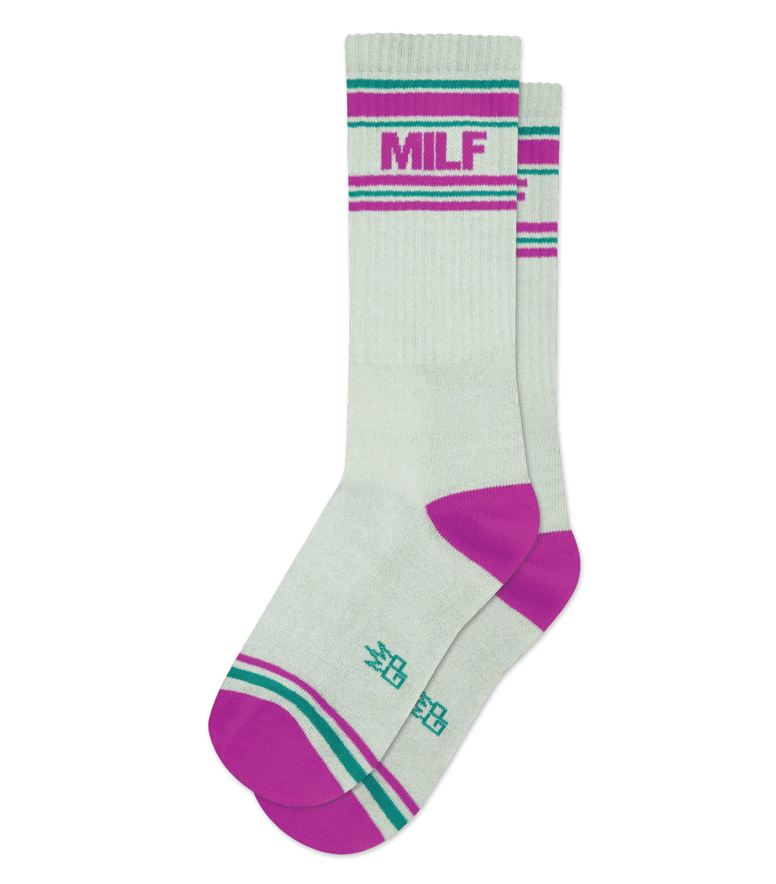 Image shows a pair of gray crew socks in flatlay. They have magenta heels, teal and magenta striped patterns at the toe and ankle, and magenta text that reads 