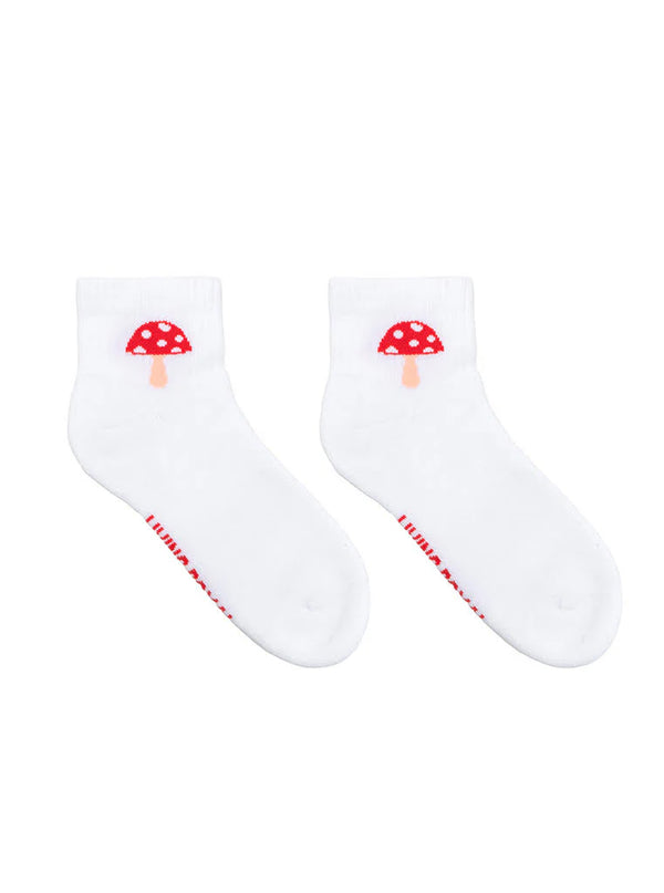 White ankle socks with red mushroom design and text on a white background