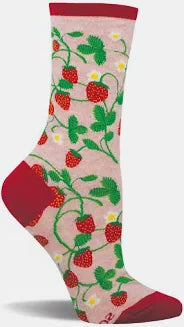 Pink sock with red accents featuring red strawberries on a green vine