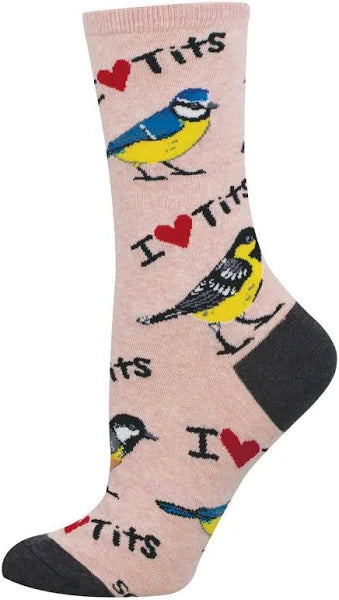 Pink sock featuring songbirds and text that reads "I ❤️ Tits"