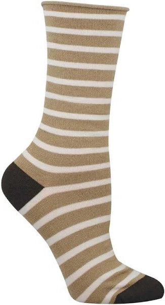 Hemp and white striped sock with a black toe on a white background