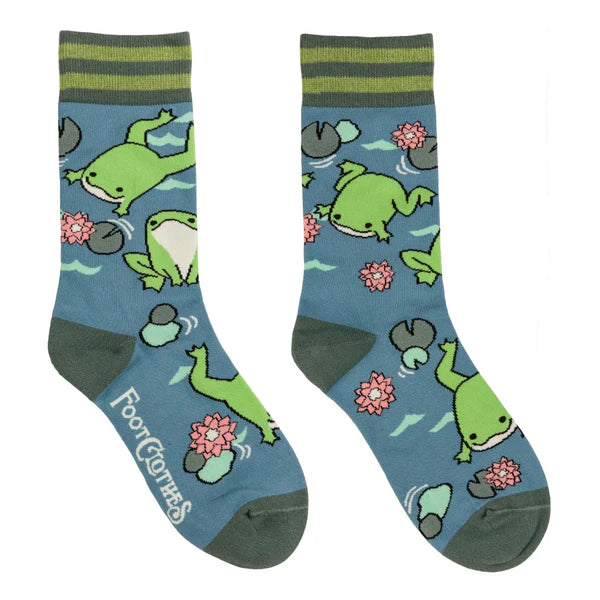 Blue socks with frogs in a lotus pond