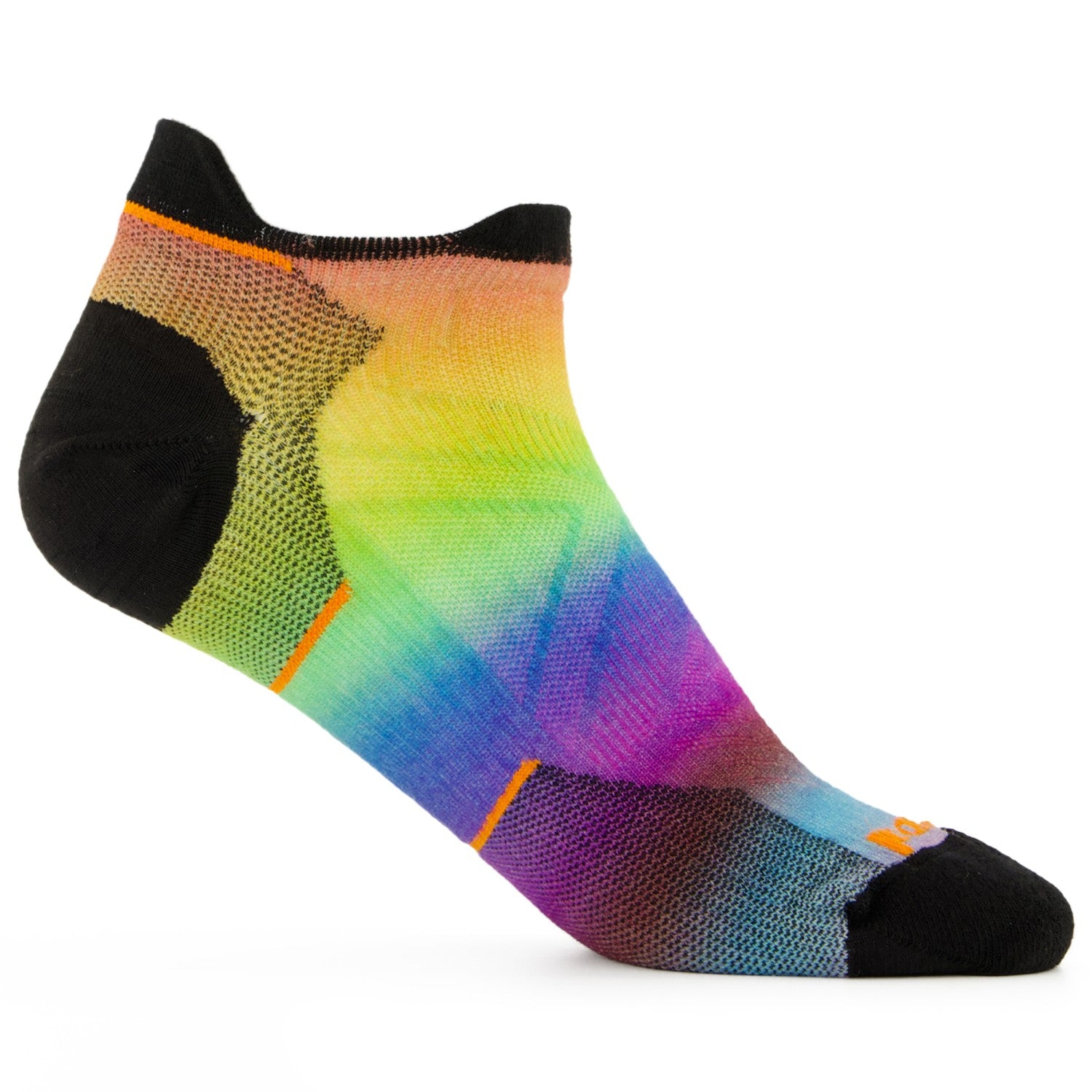 White background featuring an ankle sock with a rainbow gradient, black heel and black toe