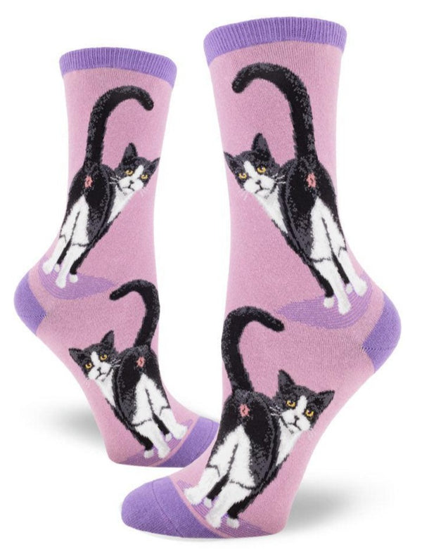 a light purple pair of socks featuring two tuxedo cats showing off their butt holes with a darker purple toe, heel and cuff