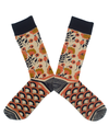Pair of ivory socks in flatlay featuring pink, blue & yellow floral & wave patterns