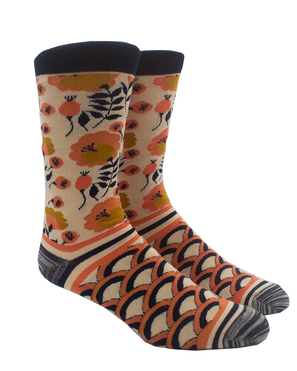 Pair of ivory socks on foot forms featuring pink, blue & yellow floral & wave patterns