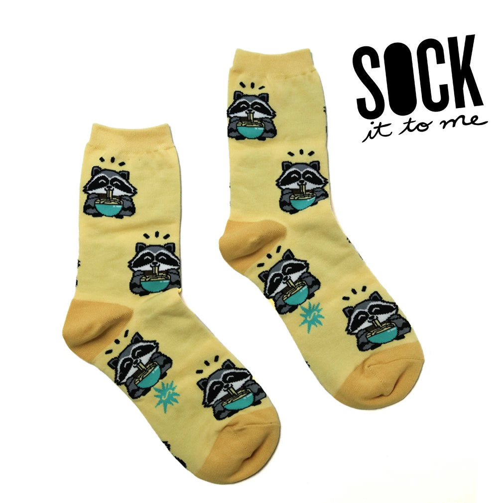 Yellow socks with raccoons eating ramen design on a white background