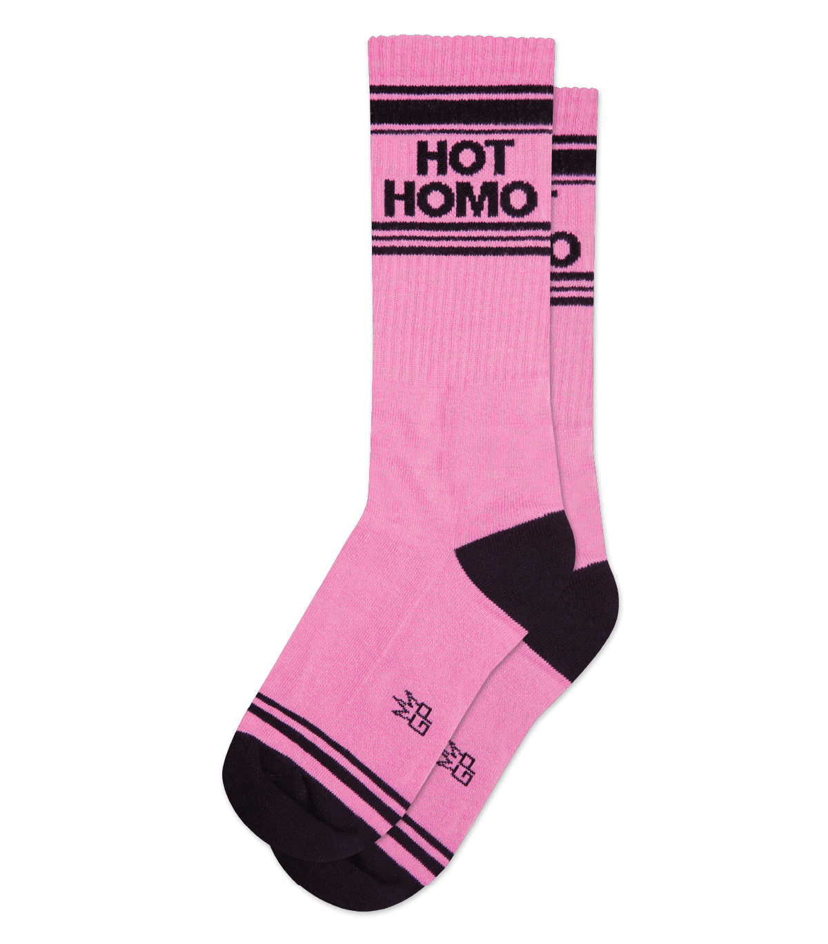 Shown laid flat, a pair of pink cotton Gumball Poodle brand unisex crew socks with black striped toe and cuff. These socks feature the words, 