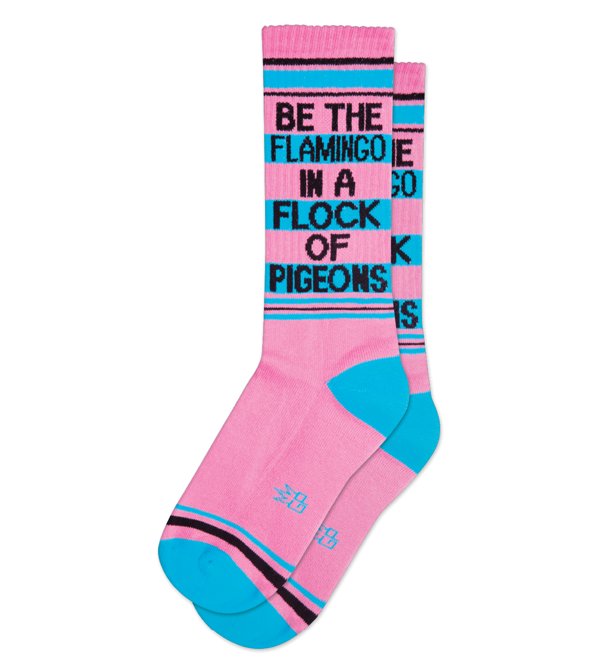 Shown stacked flat, a pair of unisex cotton crew Gumball Poodle brand sock in pink with black and teal stripes around the leg and a teal heel and toe. The text on the sock reads, 