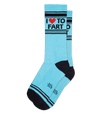 Pair of electric blue crew socks in flatlay with black heel & toe, black stripe pattern at the toe & ankle and black text that reads "I ❤️ TO FART"