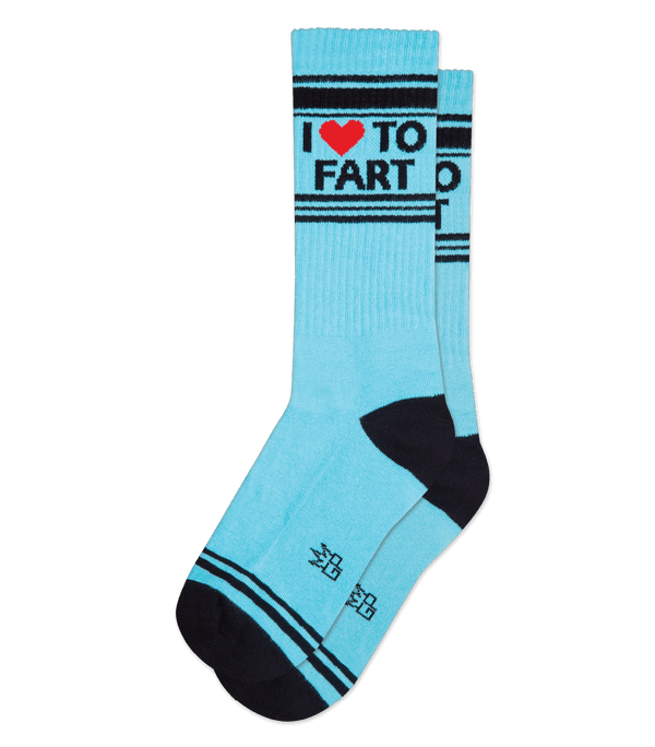 Pair of electric blue crew socks in flatlay with black heel & toe, black stripe pattern at the toe & ankle and black text that reads "I ❤️ TO FART"