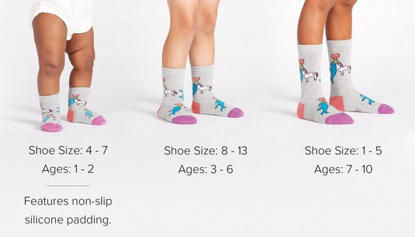 A size chart with 3 different aged kids models displaying kids knee high socks. The chart is as follows, For shoe sizes 4-7 or children aged 1-2, these socks feature non-slip silicon padding, for children shoes sixes 8-13 or children aged 3-6, and for shoes sizes 1-5 or children aged 7-10