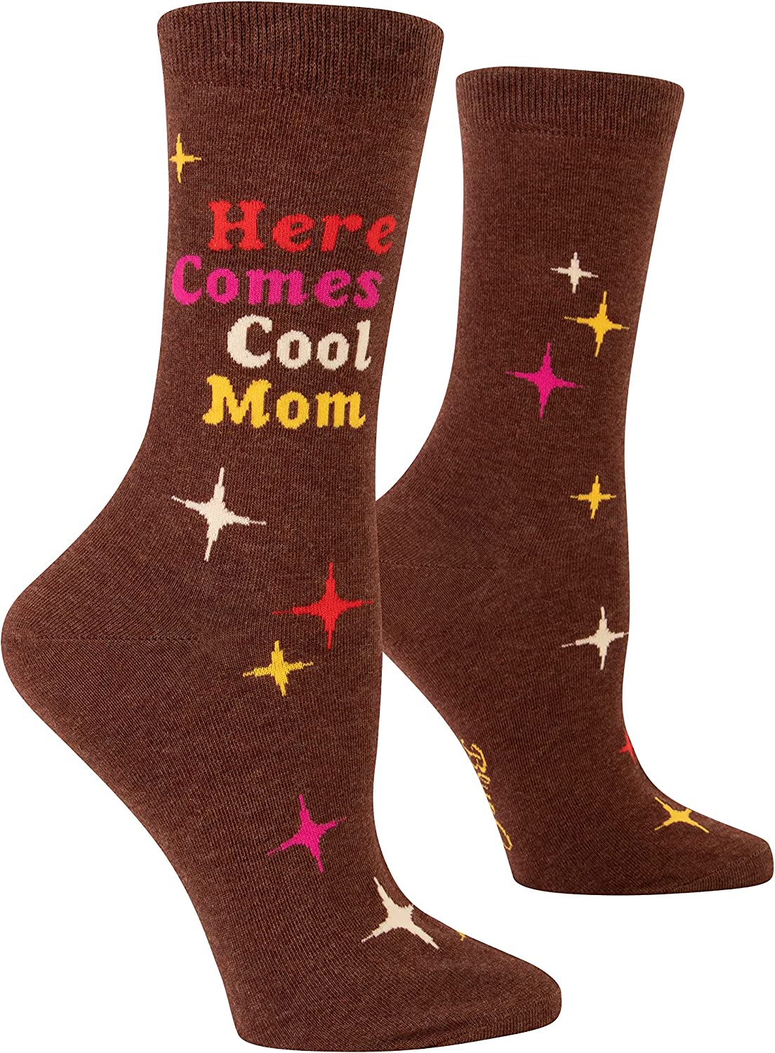 A pair of brown women's socks on foot forms with a pattern of yellow, white and pink twinkling stars and text that reads 