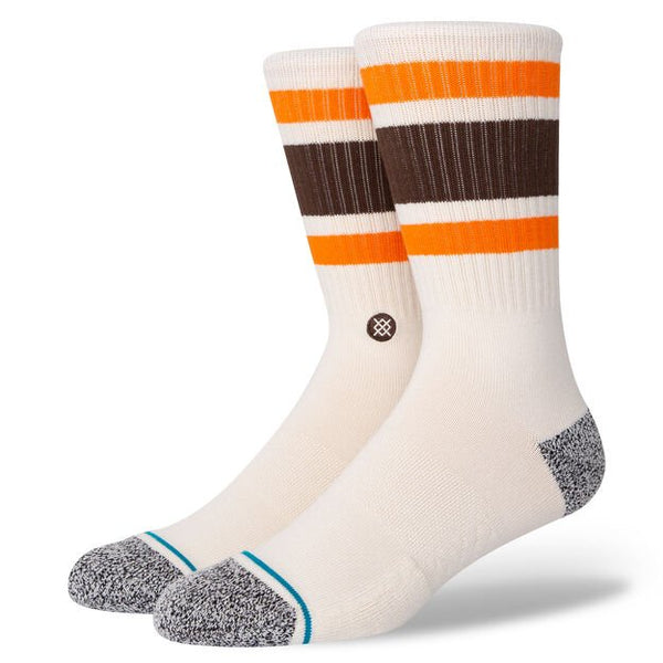 a pair of off white white crew length socks on a foot form featuring a heather grey toe and heel, and 3 stripes in orange and brown near the cuff