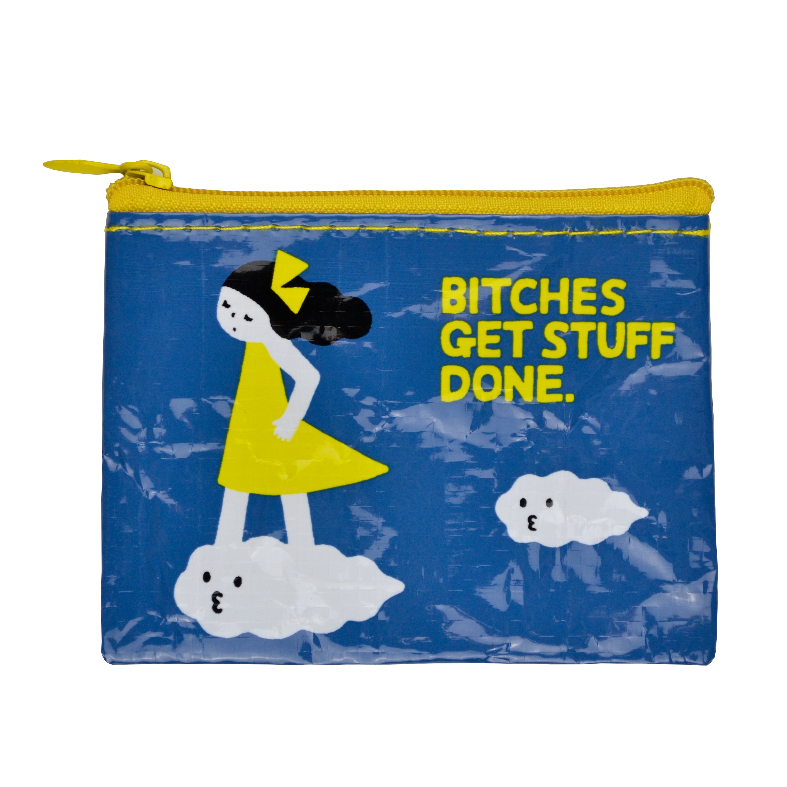 A small blue coin purse with yellow zipper featuring a woman in a yellow dress with dark hair riding a cloud. Yellow text on the purse reads 