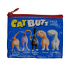 A small blue coin purse with a red zipper featuring 5 different cat butts. The text along the top reads, "Cat Butt Field Guide". The bottom text below each cat butt reads, "American Shorthair, Siamese, Black and White, Siberian, Persian".