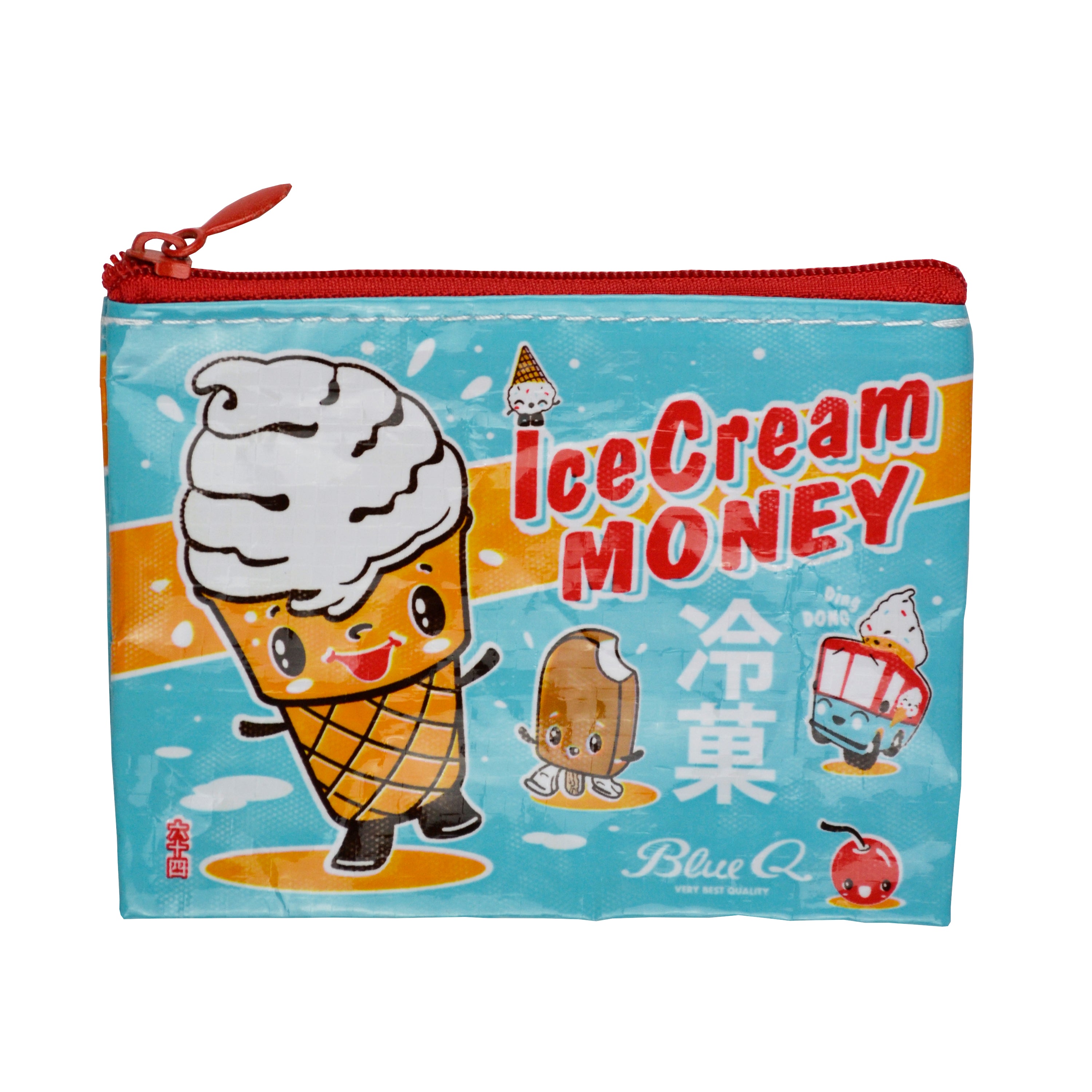 A small aqua coin purse with a red zipper featuring  cartoon ice cream cones, ice cream bar, cherry, and ice cream truck. A bold orange strip across the purse features red text that reads, 