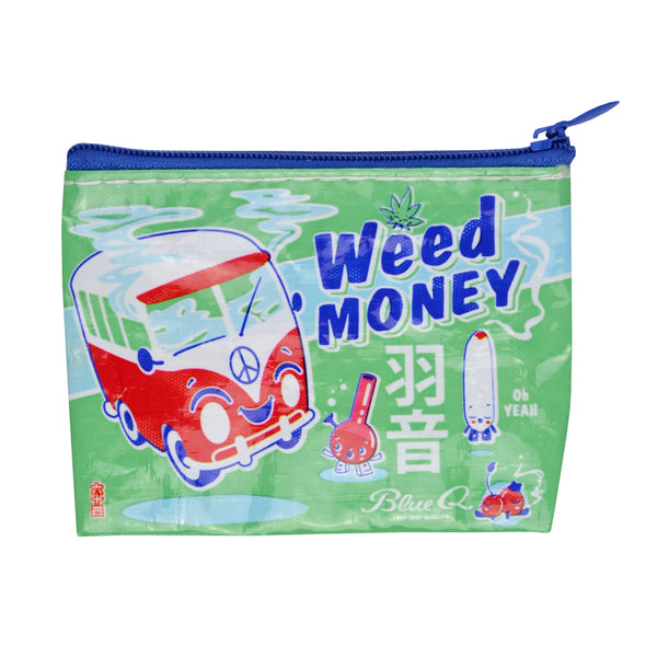 From the brand Blue Q, a green coin purse made of recycled materials with the words "Weed Money" and animated weed paraphernal, including, a VW bus, a joint, and a bong.