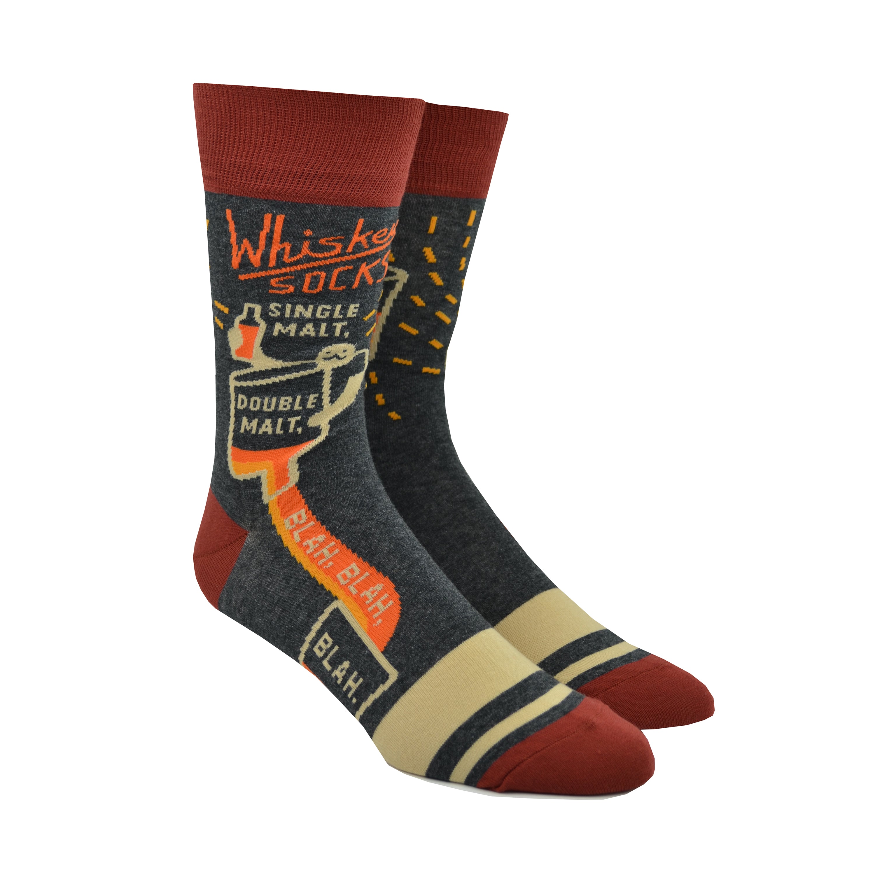 Shown on leg forms, a pair of Blue Q brand men's cotton crew socks in grey with 2 tan stripes on the foot and brick red cuff/heel/toe. These socks feature a mustachioed man pouring a whiskey that flows down the foot of the sock. The words, 